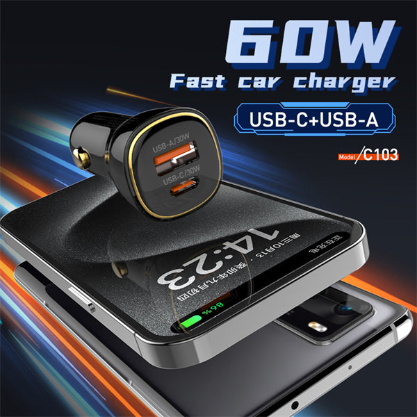 Ldnio 60W PD QC Super Fast Car charger with USB-A & Type C Port C103