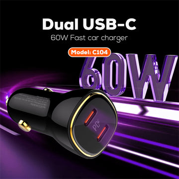 Ldnio 60W Dual Type C Ports Super Fast Car charger C104