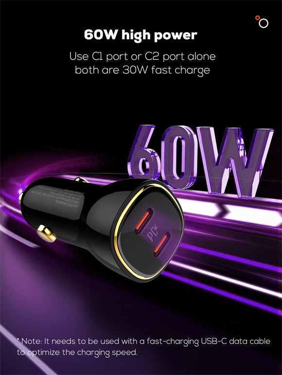 Ldnio 60W Dual Type C Ports Super Fast Car charger C104