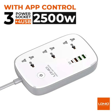 Ldnio SCW3451 2500w Fast Charging Extension With 3 Power Sockets / 2 2.4A USB-A Ports / 1  QC3.0 18w USB-A Port / 1 30w Type-C Port & App Control