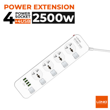 Ldnio 2500w SC4408 Power Extension With 4 USB-A Ports & 4 Power Sockets EU Plug